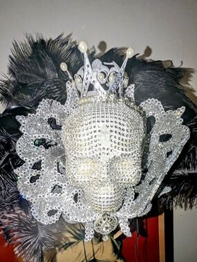 Silver Crystal Skull Crown Headpiece with Black Feathers